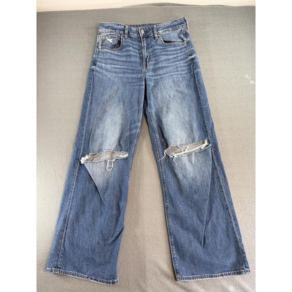 American Eagle Super High-Rise Baggy Jeans Womens 6 Med Blue Wide Leg Distressed